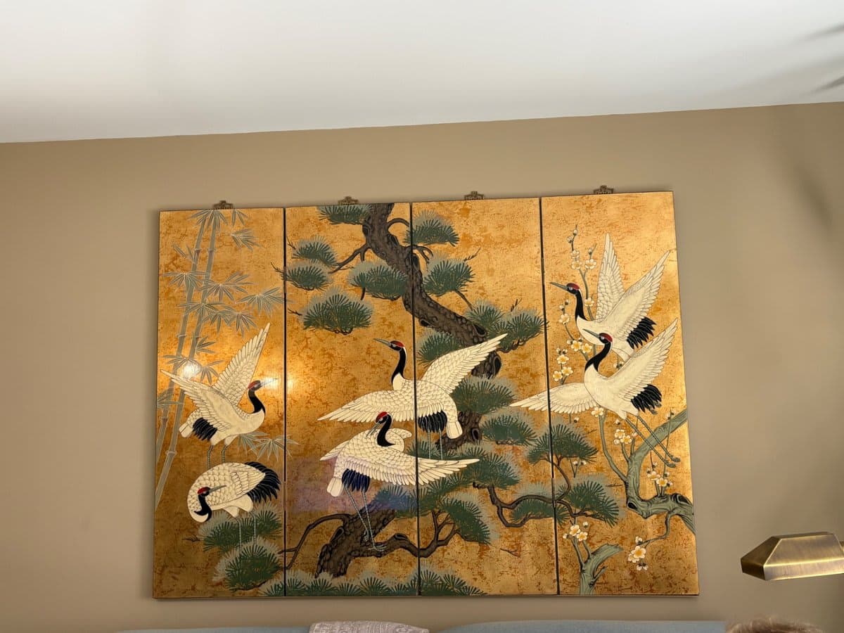 4 Panel Art Gold & Green Cranes