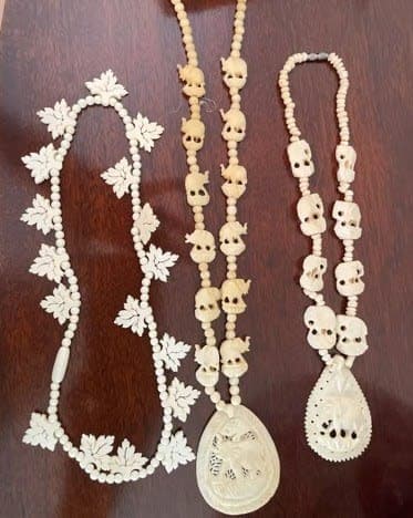 Carved Bone Necklace Set (3 Pieces) — Elephants, Leaves, Medallion