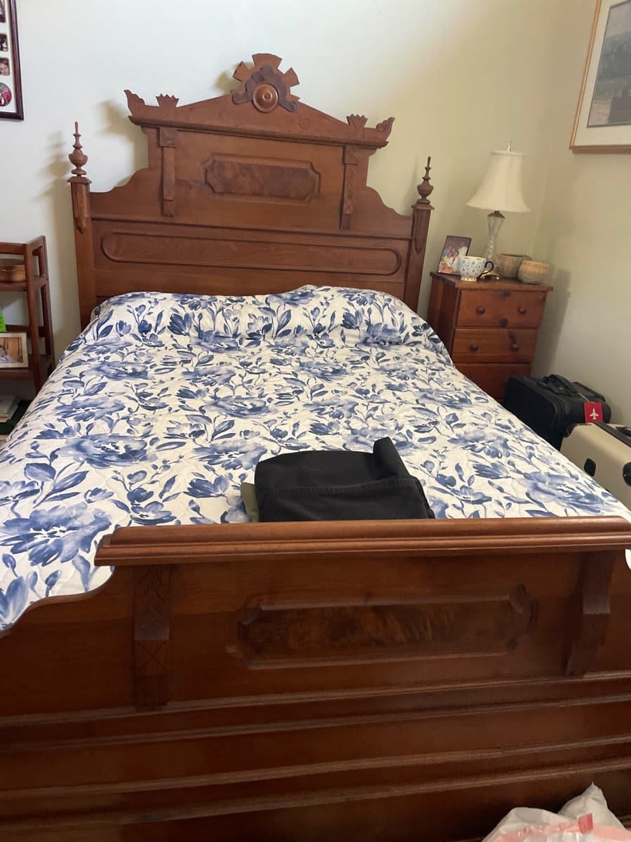 Antique Victorian Eastlake Carved Walnut Full/Queen Bed Frame