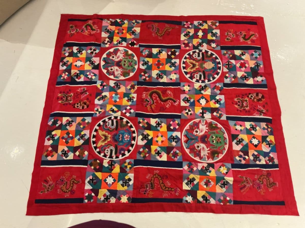 Chinese Patchwork Embroidered Textile Quilt with Dragon Medallions