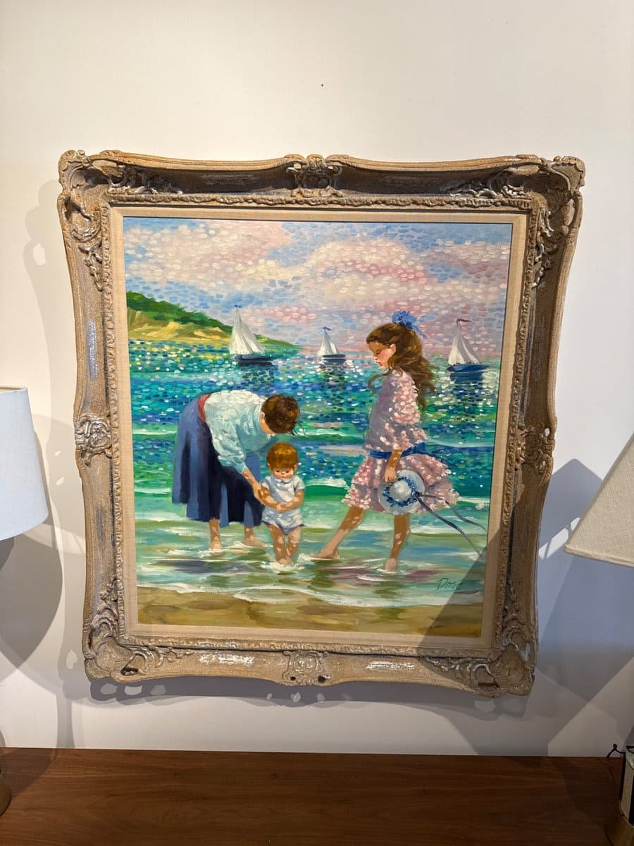 Pointillist Beach Scene Oil Painting Ornate Frame