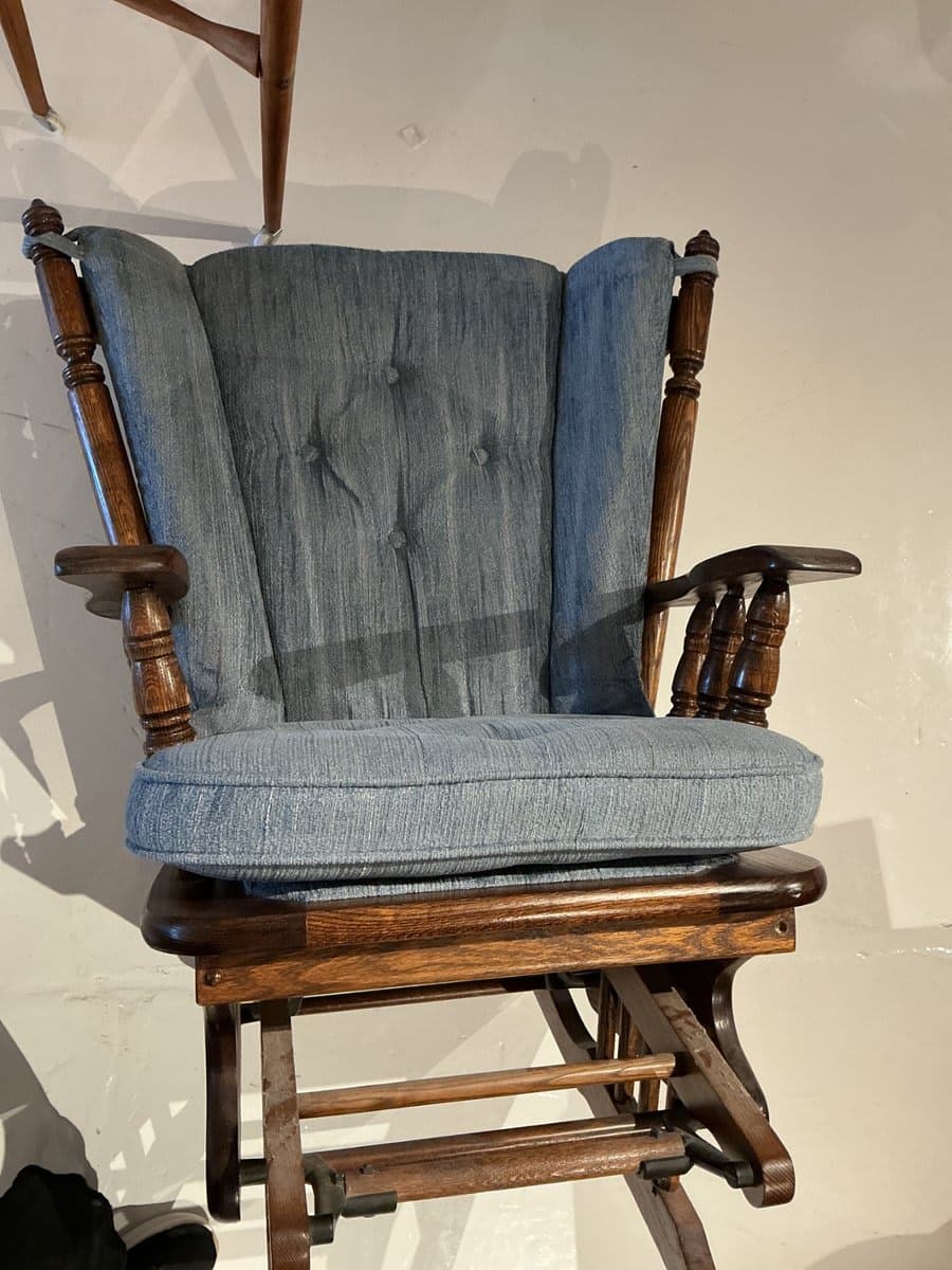 Wood Glider Rocker Chair with Blue Cushions