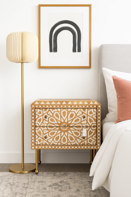 Hand-carved Tan and White Nightstand