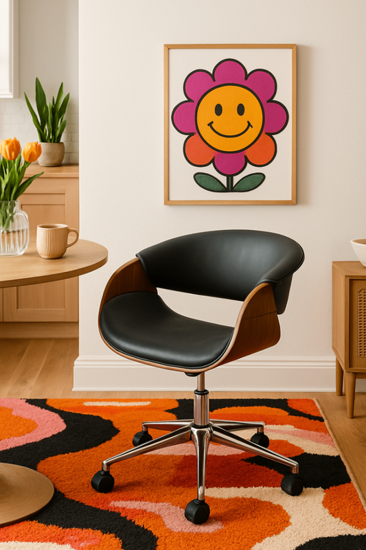 MCM Black Office Chair with a Natural Wood Finish