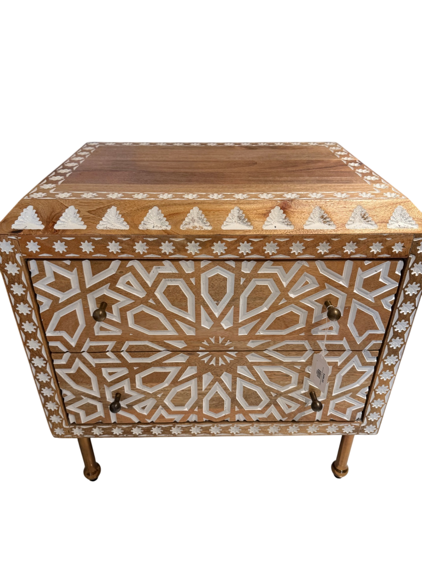 Hand-carved Tan and White Nightstand