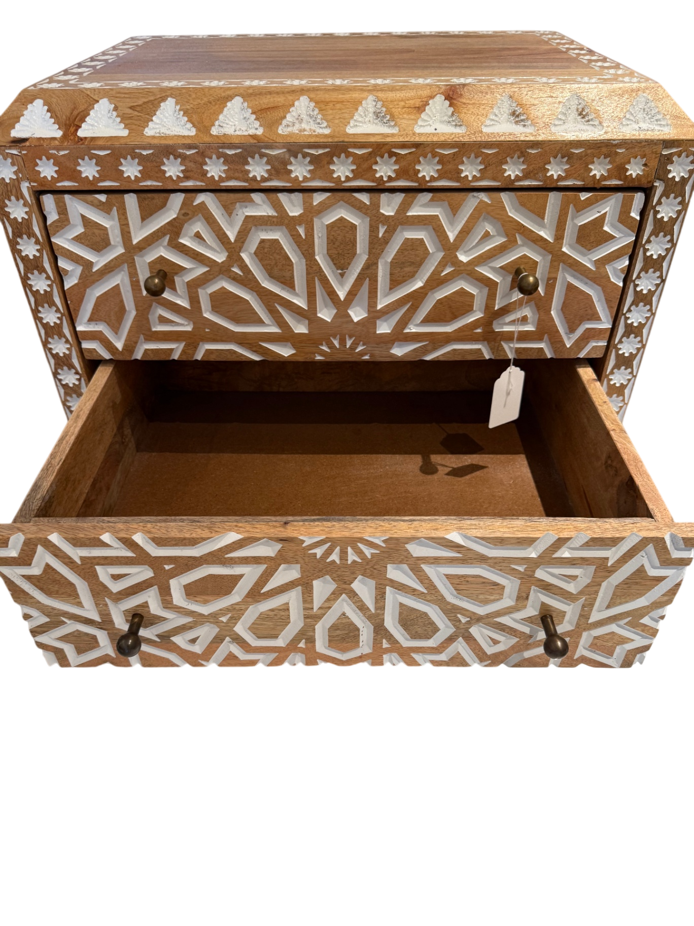 Hand-carved Tan and White Nightstand