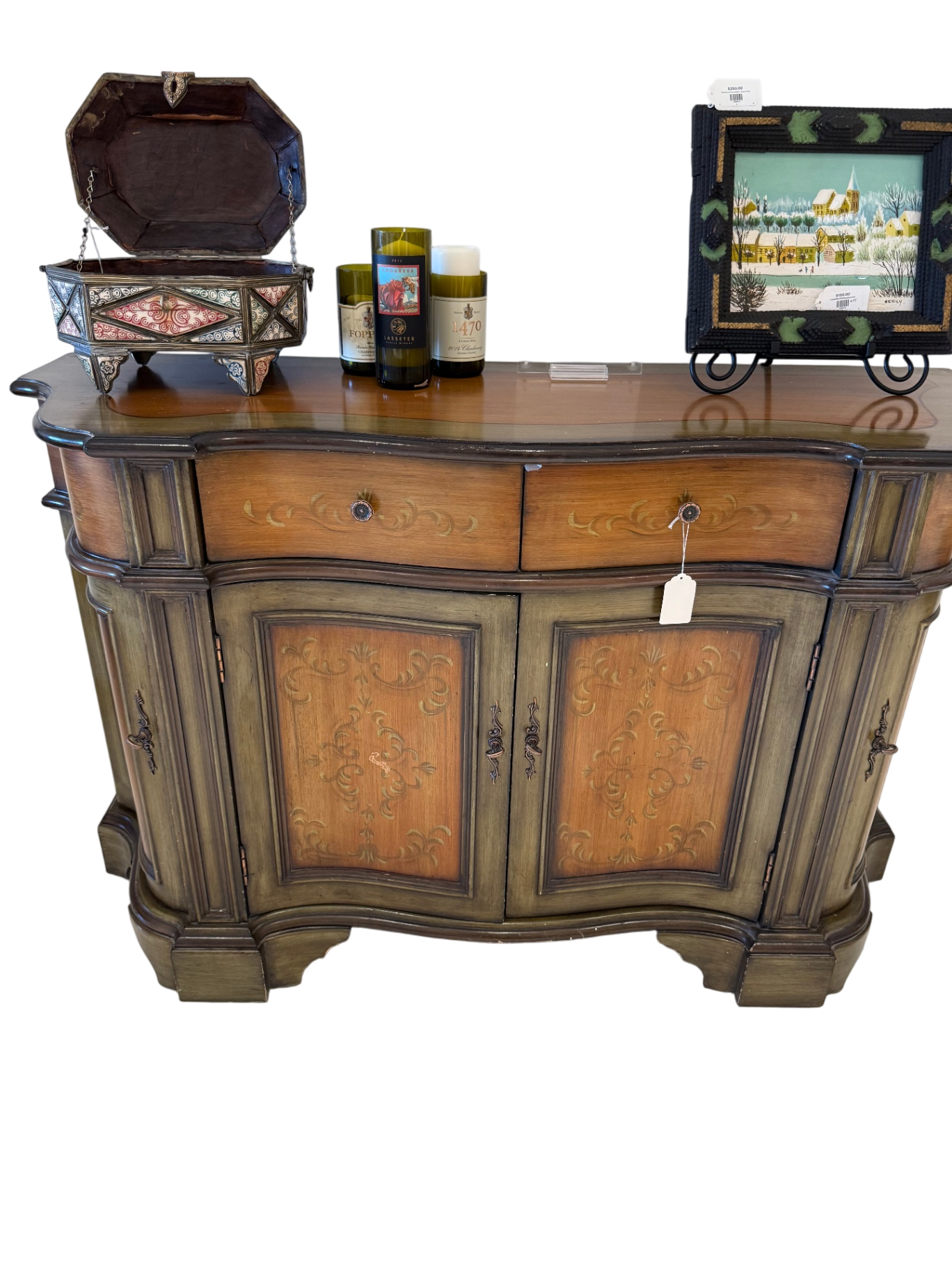 Traditional Hand-painted Green Credenza